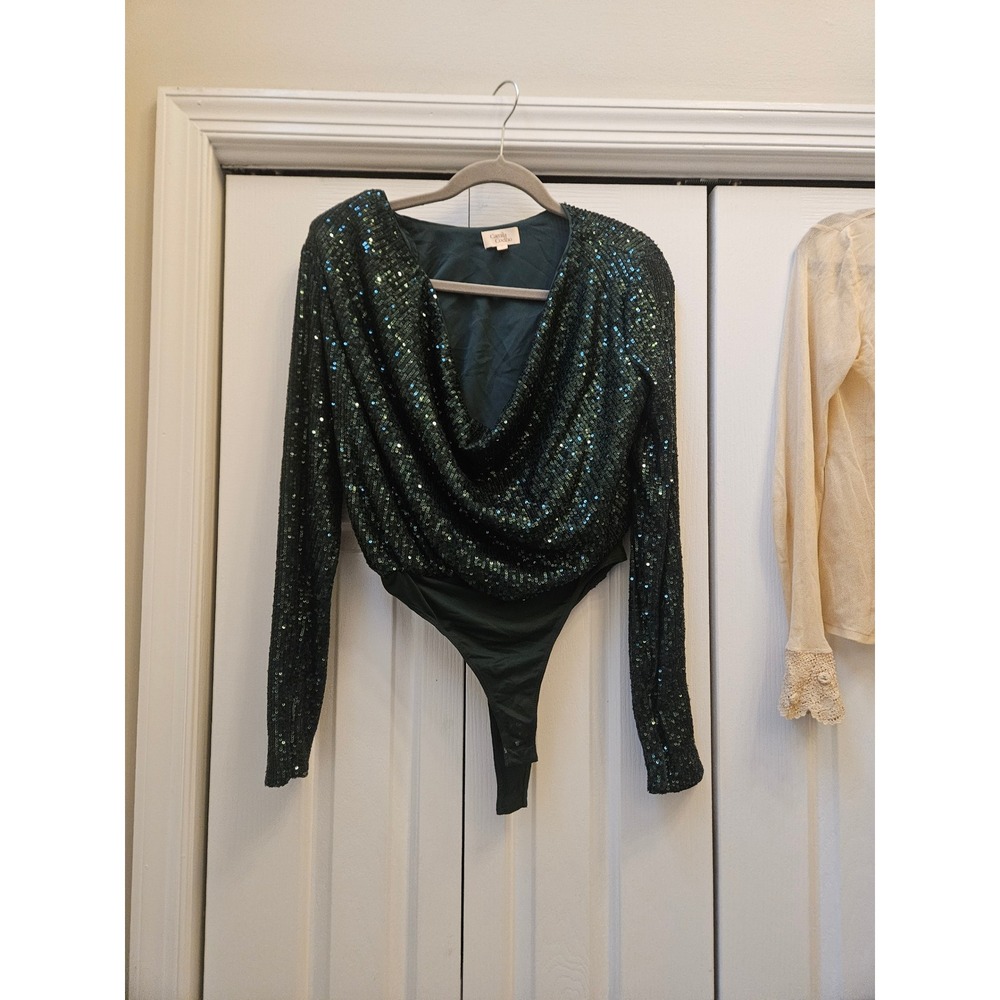 Dark Green Sequin Cowl Neck Long Sleeve Bodysuit Thong Bottom